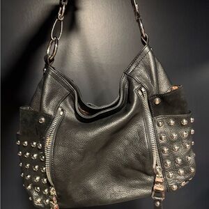 B. Makowsky Studded Black Leather Hobo Shoulder Bag – Leopard Lining